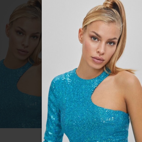🪩NWT BERSHKA SHOW UP BLUE SPARKLY ONE SHOULDER MINI DRESS -PERFECT PARTY DRESS - Picture 3 of 4